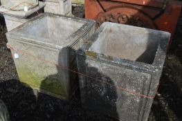 A PAIR OF COMPOSITE SQUARE PLANTERS, with a bouquet of flowers decorated to each panel, 43cm squared