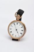 A 9CT GOLD OPEN FACE POCKET WATCH CONVERSION, WHITE DIAL, Roman numerals, blue hands, plain polished