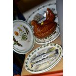 SIX PORTMEIRION PLATES AND PLATTERS AND A PORTMEIRION TREACLE GLAZED CHICKEN EGG BASKET, the