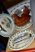 SIX PORTMEIRION PLATES AND PLATTERS AND A PORTMEIRION TREACLE GLAZED CHICKEN EGG BASKET, the