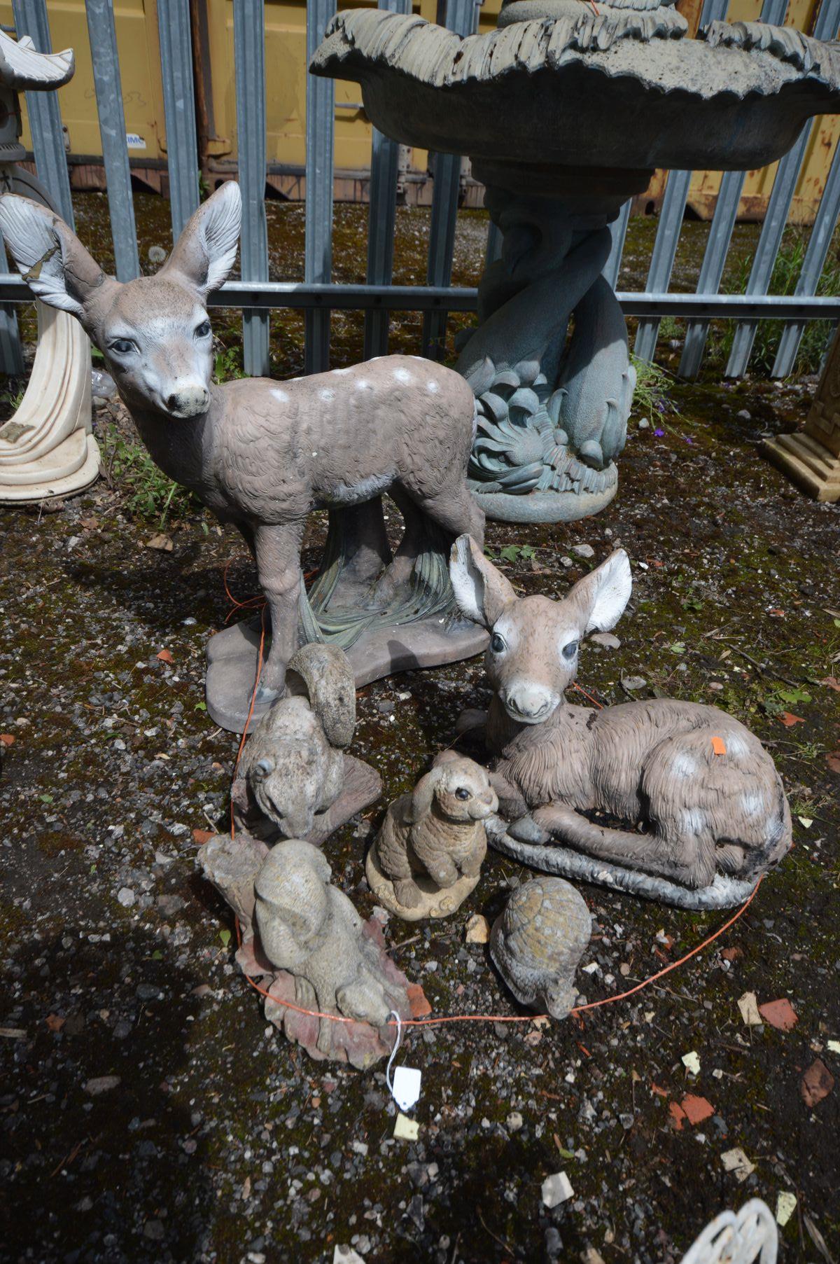 SIX VARIOUS COMPOSITE GARDEN FIGURES, to include a two deer's, one seated, two squirrels, bunny
