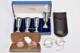 SET OF FOUR EMPIRE PEWTER WEIGHTED 772 CORDIAL SHOT GLASSES, little wear to all, later engraving