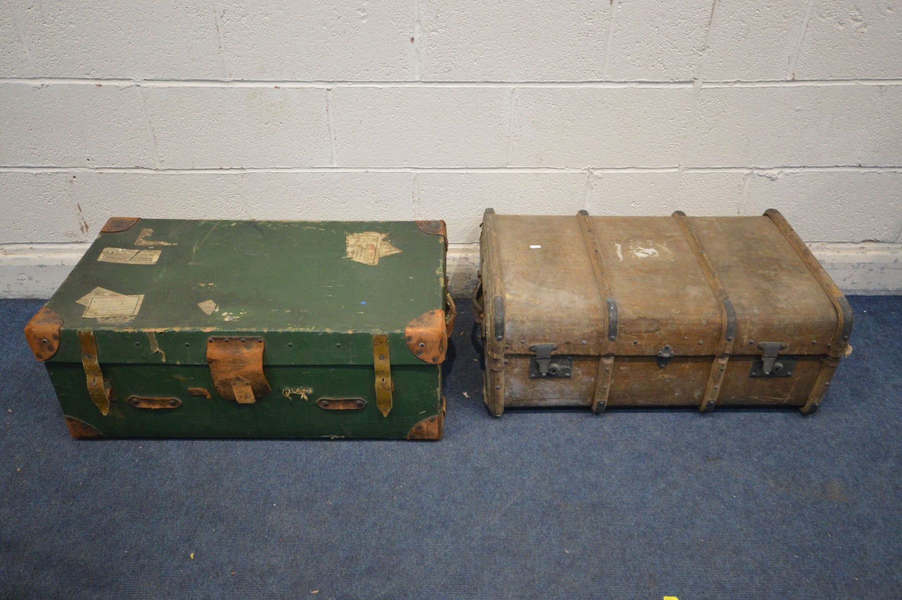 A VINTAGE GREEN FINISH HEWSON AND HUTCHINSON TRAVELING TRUNK, and a another trunk, both with