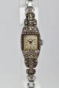 A LADIES WHITE METAL MARCASITE COCKTAIL WRISTWATCH, hand wound movement, square dial signed '