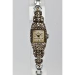 A LADIES WHITE METAL MARCASITE COCKTAIL WRISTWATCH, hand wound movement, square dial signed '