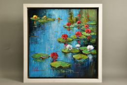 ANTONIO VILLALBA (SPAIN 1968) 'LILYPADS V', flowering water lilies in a pond, signed bottom left,