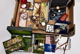A BOX OF ASSORTED COSTUME JEWELLERY AND ITEMS, to include a green jewellery box with costume