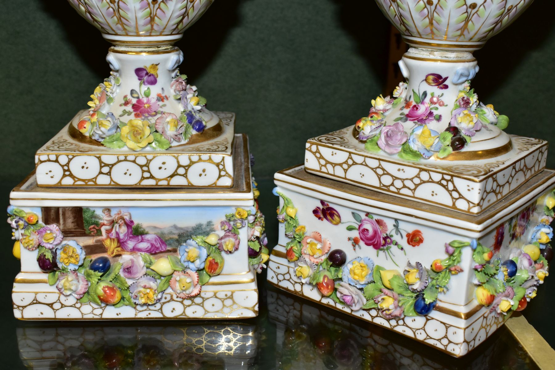 A PAIR OF EARLY 20TH CENTURY POTSCHAPPEL PORCELAIN TWIN HANDLED FLORAL ENCRUSTED VASES ON PLINTHS, - Image 9 of 20