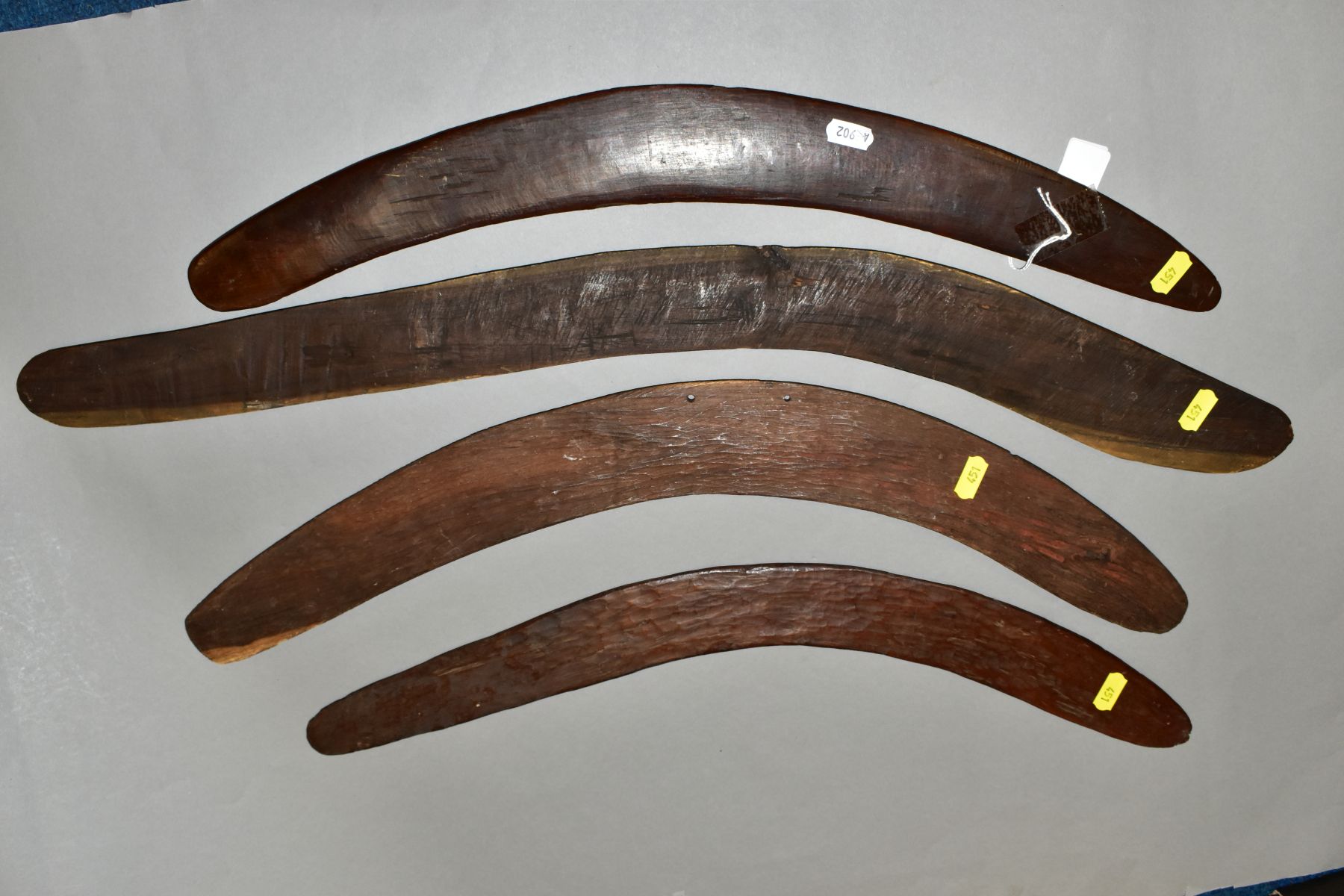 FOUR TRIBAL ART AUSTRALIAN ABORIGINAL BOOMERANGS, to include one carved to the side of arrows, - Image 4 of 9