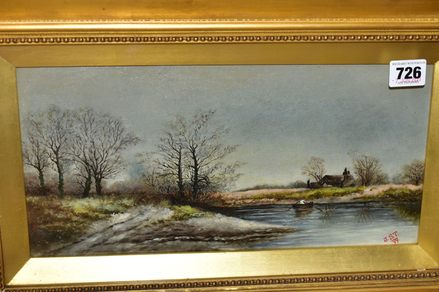 THREE OIL PAINTINGS, comprising a rural river scene with a figure rowing a boat across a river, - Image 2 of 7