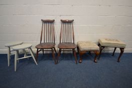 A PAIR OF GOLDSMITH ERCOL CHAIRS, two grey painted stools and two reproduction stools (6)