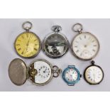 A SELECTION OF POCKET WATCHES, six in total, to include a silver open faced pocket watch, white