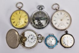 A SELECTION OF POCKET WATCHES, six in total, to include a silver open faced pocket watch, white