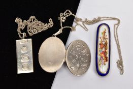 A VICTORIAN BROOCH, SILVER INGOT PENDANT NECKLACE AND A SILVER LOCKET NECKLACE, the Victorian brooch