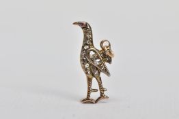 A VICTORIAN ROSE CUT DIAMOND AND RUBY SET PENDANT, in the form of a pheasant, embellished with