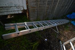 A GRAVITY DIY-DELUXE ALUMIUM DOUBLE EXTENSION LADDER, length 399cm with a Youngman ladder stand-off,