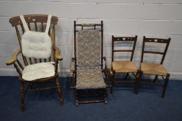 AN EDWARDIAN AMERICAN ROCKING CHAIR, a beech Windsor armchair, a pair of Arts and Crafts oak rush