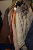 FIVE MENS AND LADIES COATS AND LOOSE BAG OF MISCELLANEOUS ITEMS, including Callaghans brown wax