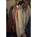 FIVE MENS AND LADIES COATS AND LOOSE BAG OF MISCELLANEOUS ITEMS, including Callaghans brown wax
