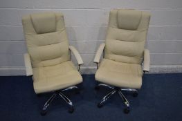 A PAIR OF CREAM FAUX LEATHER OFFICE SWIVEL CHAIRS on chrome frames