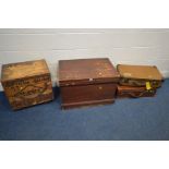 A VINTAGE STAINED PINE TOOL CHEST, width 74cm x depth 51cm x height 50cm, together with a crate,