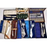 A BOX OF CASED CUTLERY SETS AND A CANTEEN OF CUTLERY, to include six cased sets of cutleries such as