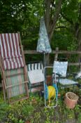 TWO 1970'S STRIPPED TEAK SUN LOUNGERS (sd) along with two metal folding garden armchairs, parasol,