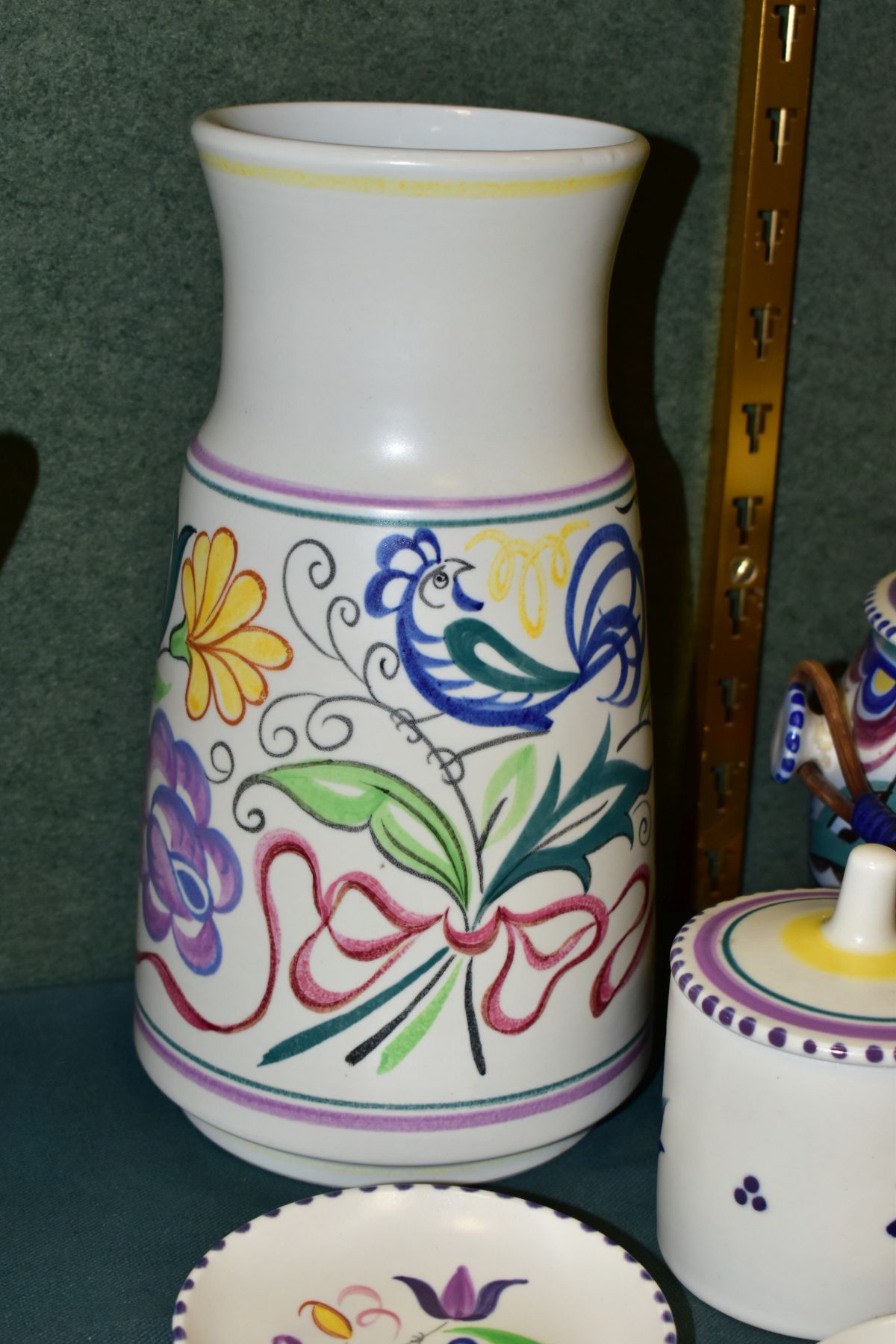 A GROUP OF POOLE POTTERY, comprising a biscuit barrel, Bluebird design, impressed backstamp (one - Image 3 of 7