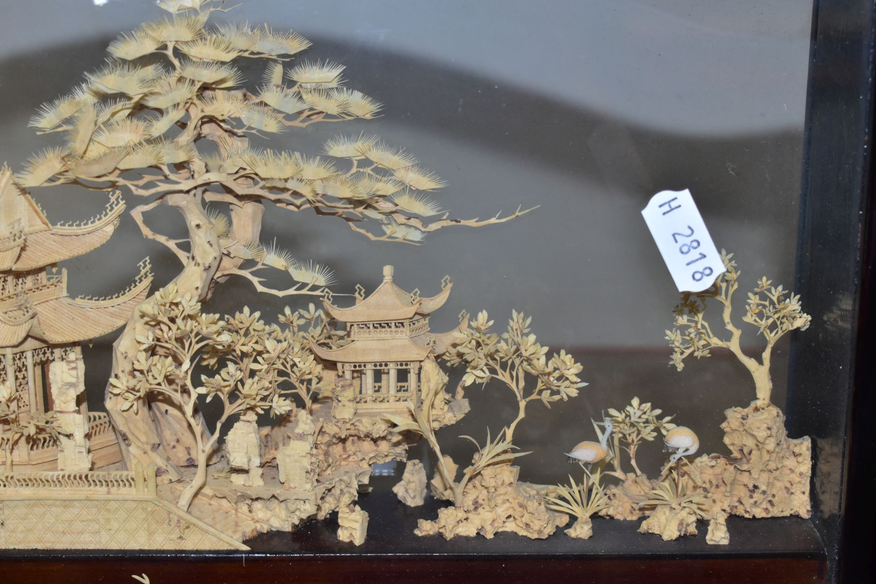 A 20TH CENTURY CHINESE CORK DIORAMA OF PAGODAS IN A LANDSCAPE, in a glazed case with a scrolled - Image 8 of 10