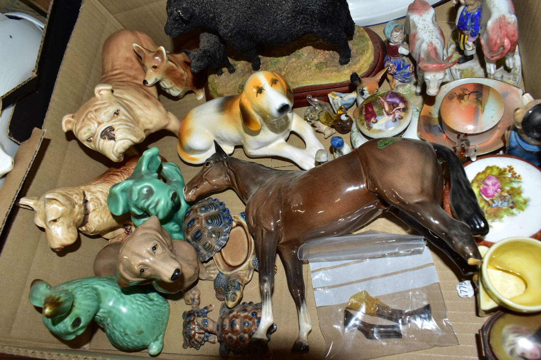 FIVE BOXES OF ASSORTED CERAMICS, including Sylvac dogs and rabbit, s.d, a Szeiler Corgi dressed in - Image 2 of 6