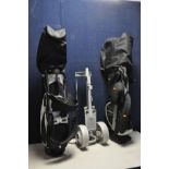 TWO GOLF BAGS AND A TROLLEY containing Pinseeker Pro Max Mk2 and Pro Venture Voodoo clubs (all