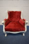 A VICTORIAN STYLE ARM CHAIR, with red upholstery and white painted frame, width 73cm x inner width