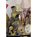 A BOX AND LOOSE OF TABLE LAMPS, CANDLESTICKS, BHS WALL CLOCK, COLLECTABLES, etc, including a 'The