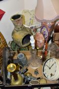 A BOX AND LOOSE OF TABLE LAMPS, CANDLESTICKS, BHS WALL CLOCK, COLLECTABLES, etc, including a 'The