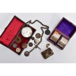 A BOXED PAIR OF LATE VICTORIAN SILVER NAPKIN RINGS, A SILVER POCKET WATCH AND KEYS, each of a