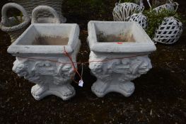 A PAIR OF SQUARE PLANTERS, with lions masks to each corner, later painted white, 35cm squared x