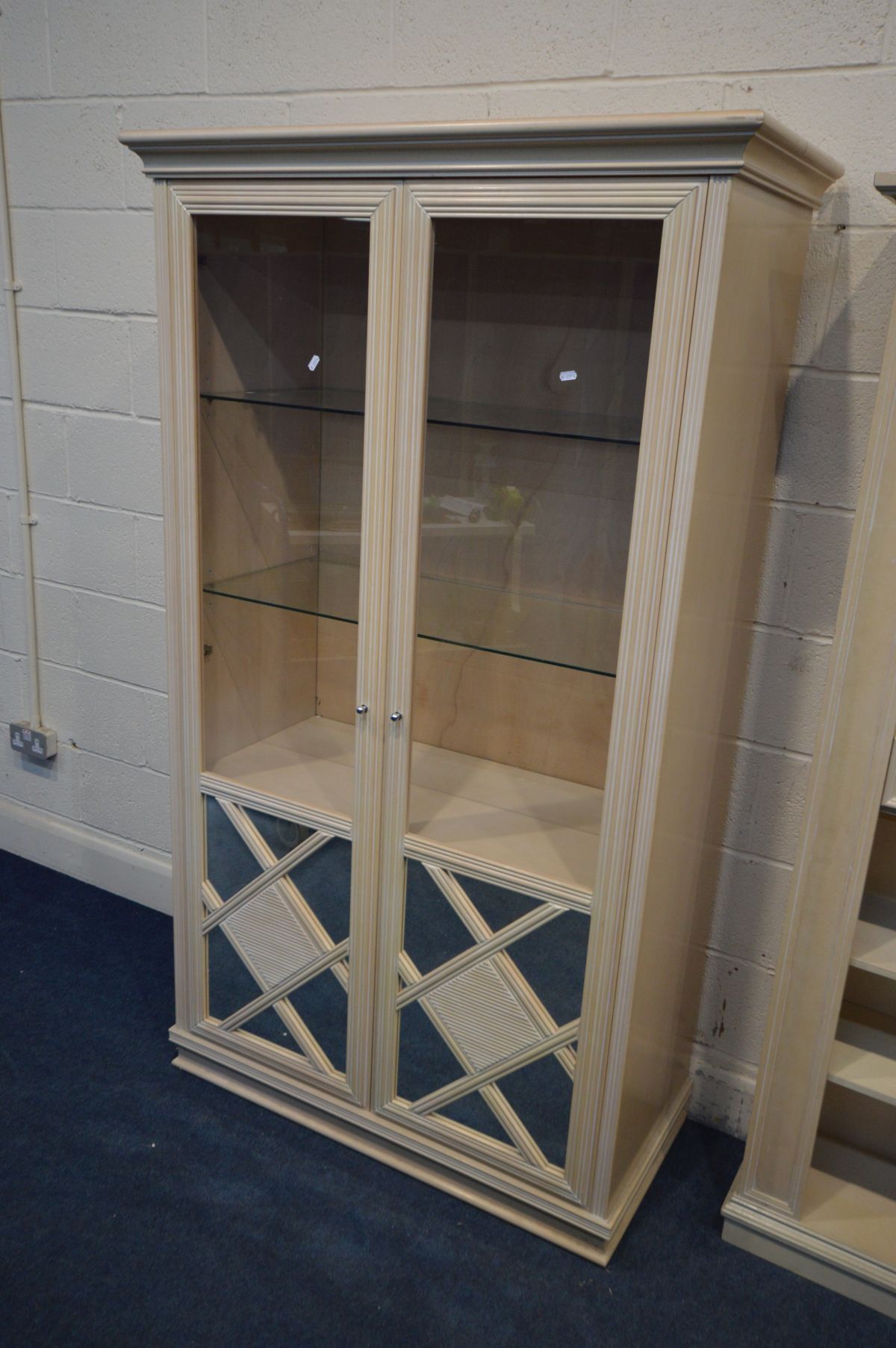 A BLEACHED WOOD TWO DOOR DISPLAY CABINET, with two glass shelves, width 107cm x depth 49cm x - Image 3 of 3