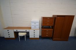 A THREE PIECE TEAK EFFECT BEDROOM SUITE comprising a double sliding door wardrobe and a pair of