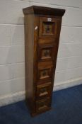 A SLIM HARDWOOD CHEST OF FIVE DRAWERS, width 31cm x depth 30cm x height 122cm