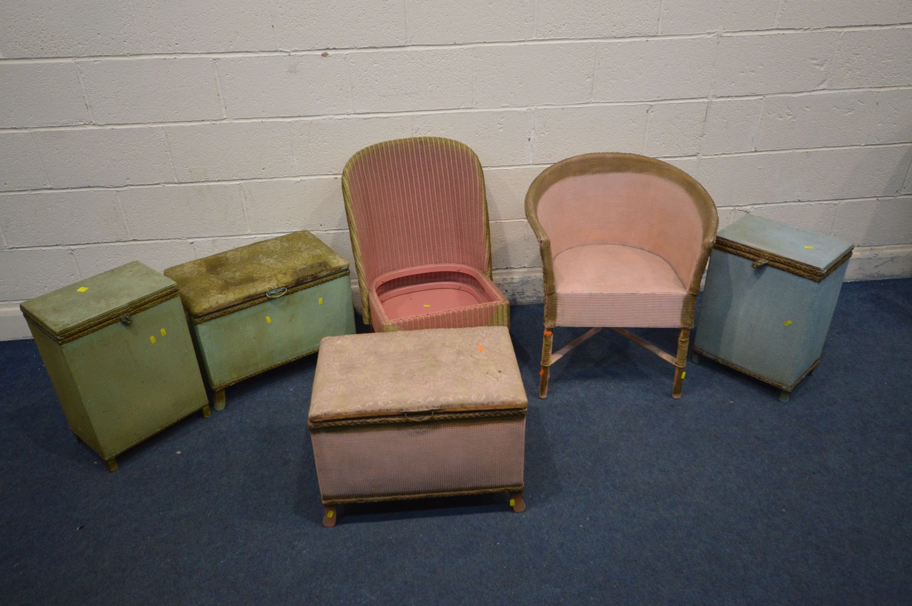 A COLLECTION OF LLOYD LOOM STYLE BEDROOM FURNITURE to include a tub chair, another chair (missing