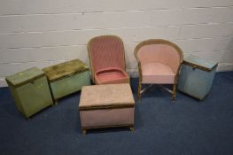 A COLLECTION OF LLOYD LOOM STYLE BEDROOM FURNITURE to include a tub chair, another chair (missing