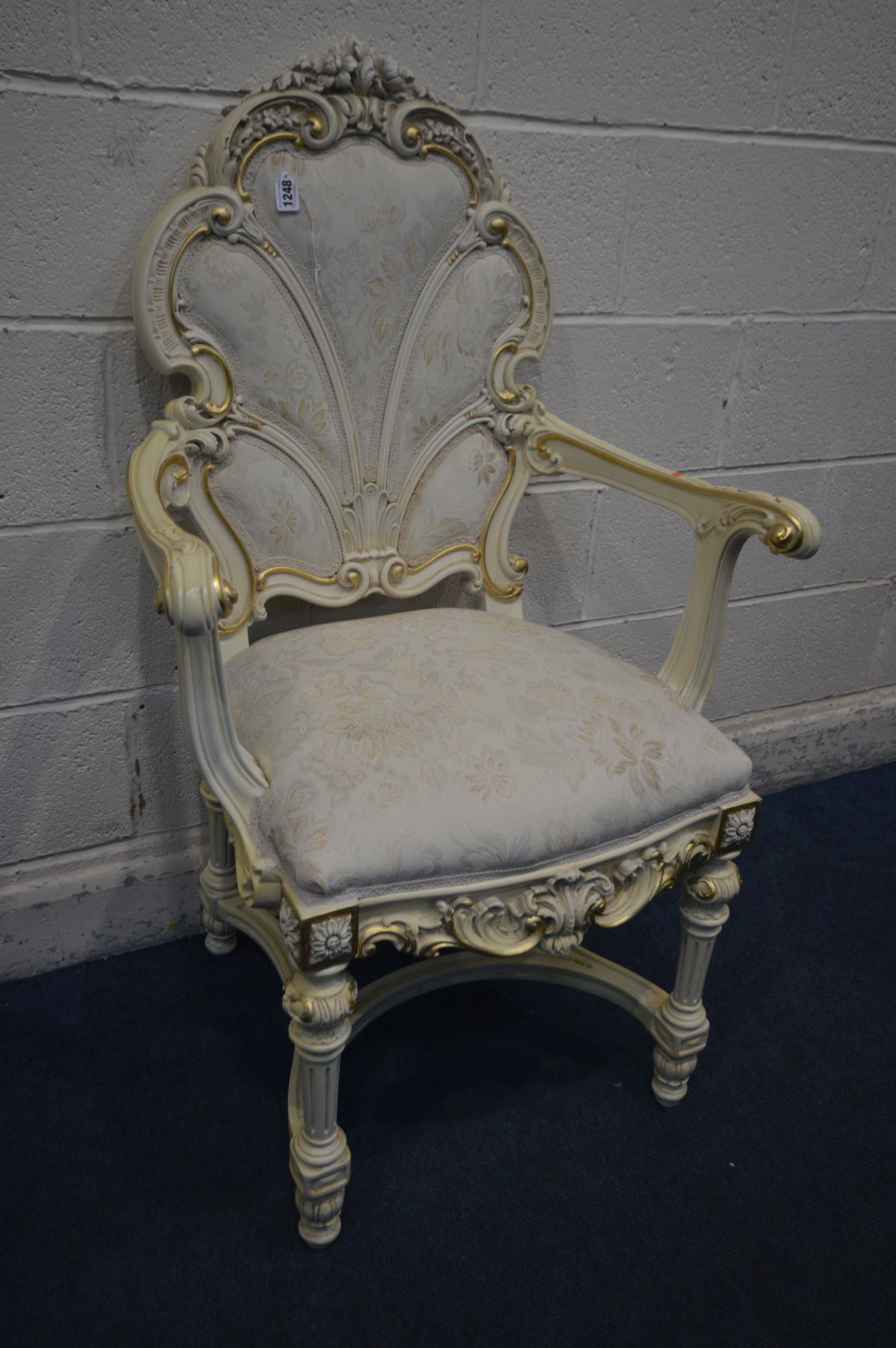 A CREAM PAINTED CONTINENTAL OPEN ARMCHAIR with a sunburst back on a crinoline stretcher - Image 2 of 3