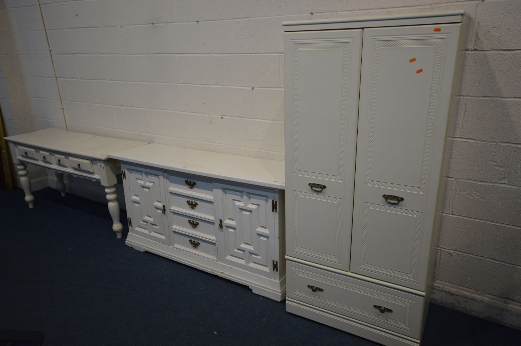 A LATE 20TH CENTURY SIDEBOARD, with four drawers flanked by fielded panelled doors, brass back - Image 2 of 4