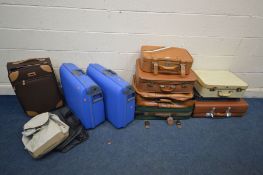 A COLLECTION OF SUITCASES, to include a pair of blue Carlton hard shell suitcases on wheels (locked,