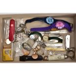 A BOX OF ASSORTED ITEMS, to include a silver shield shaped fob hallmarked Birmingham, a Swiss