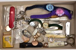 A BOX OF ASSORTED ITEMS, to include a silver shield shaped fob hallmarked Birmingham, a Swiss