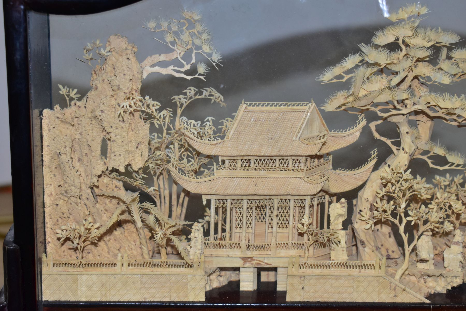 A 20TH CENTURY CHINESE CORK DIORAMA OF PAGODAS IN A LANDSCAPE, in a glazed case with a scrolled - Image 7 of 10