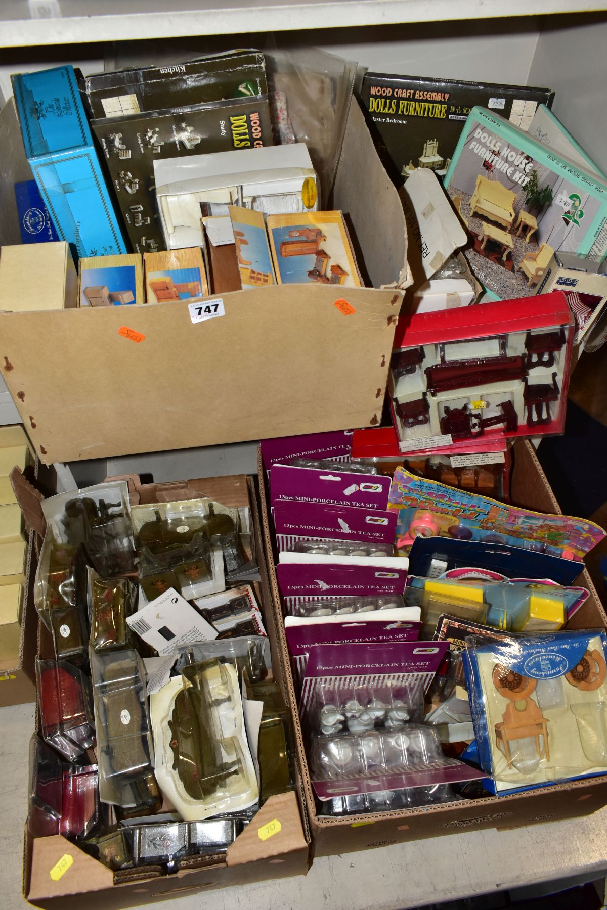THREE BOXES OF (MOSTLY BOXED) DOLLS HOUSE FURNITURE ETC, including items made by Russ, Metalex,