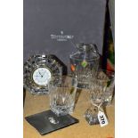 A BOXED WATERFORD CRYSTAL 'CLARION' DECANTER AND STOPPER WITH MATCHING PAIR OF TUMBLERS, height of