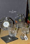 A BOXED WATERFORD CRYSTAL 'CLARION' DECANTER AND STOPPER WITH MATCHING PAIR OF TUMBLERS, height of